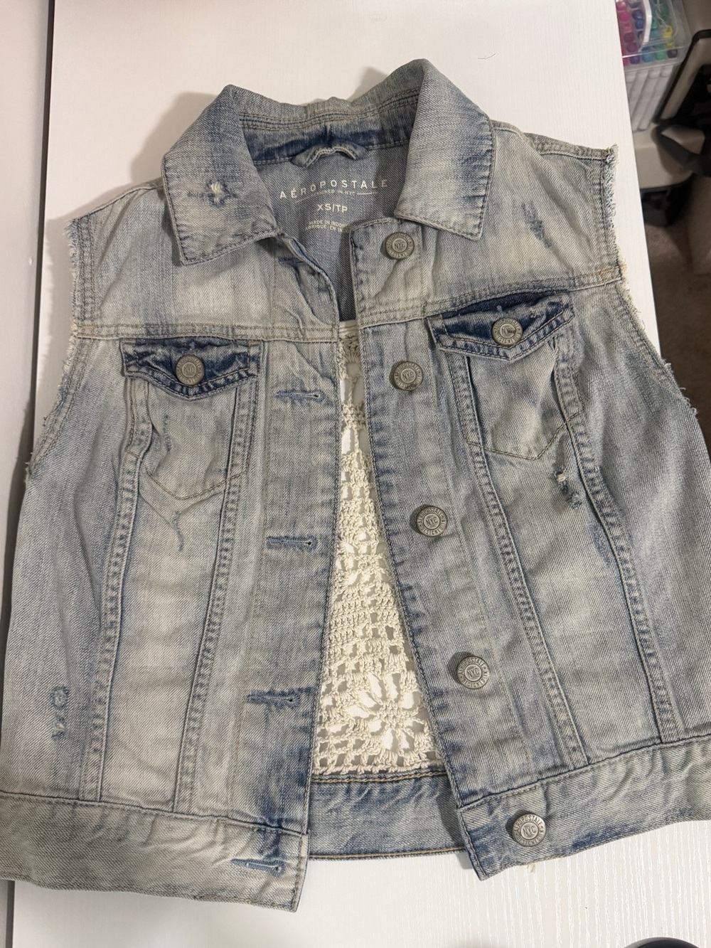 Aeropostale Light Blue Distressed Denim Jacket Vest